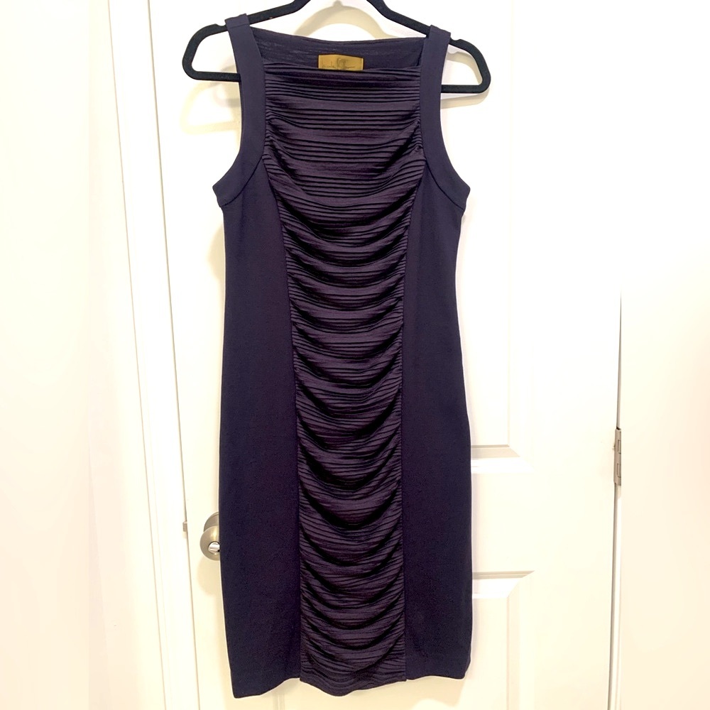 Nicole Miller Navy Blue Ruched Halter Midi Sheath Dress Size Medium